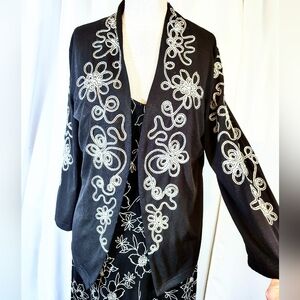 Lauren Mitchell Cardigan Sweater,Vintage White Floral, Blck/EmbroideredSilver, L